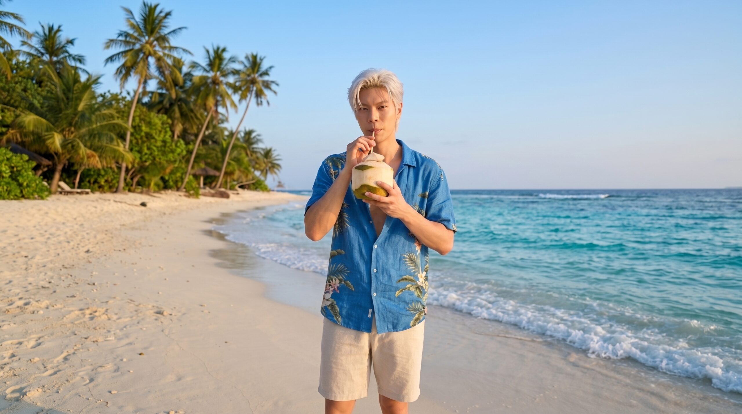 Lumen sipping coconut juice at the beach